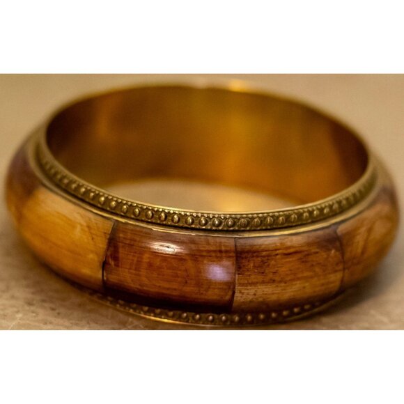 8 inch, Vintage Brown Band Gold Tone Unique Bangle Bracelet - I34 - Picture 2 of 3